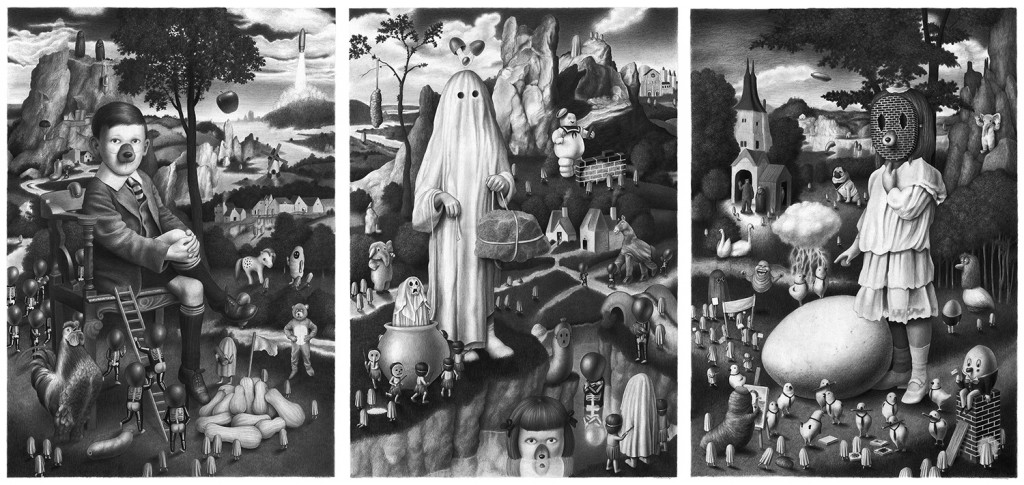 A. Urruty, Egg Triptych, graphite on paper, 210x100 cm, 2014 